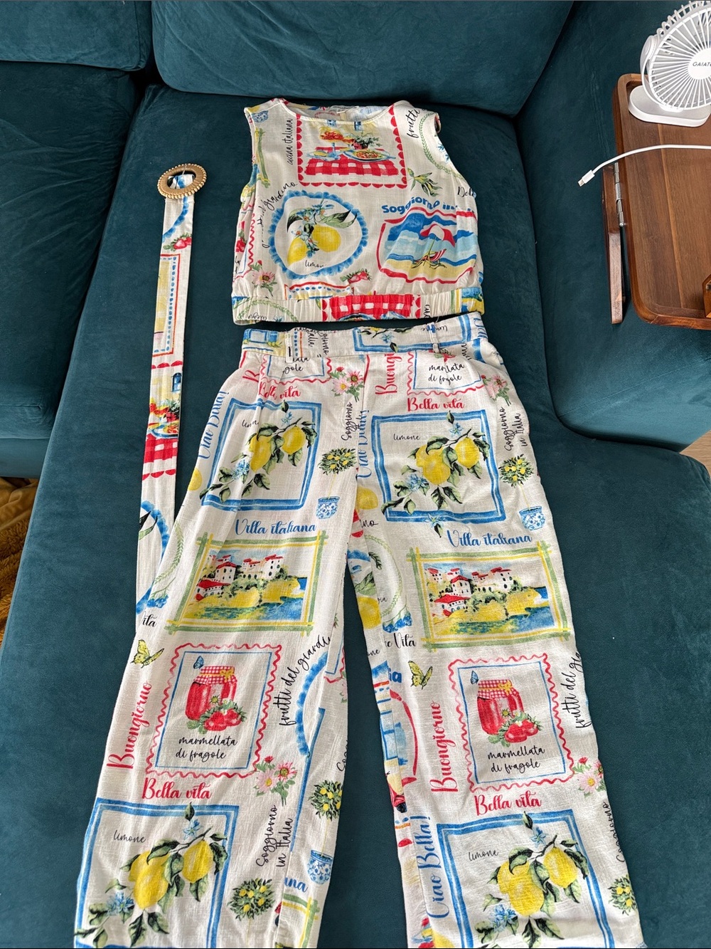 Lemon Print Wide-Leg Jumpsuit with Tie Belt - White/Yellow/Blue